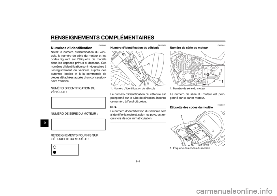 YAMAHA XVS1300CU 2014 Notices Demploi (in French) RENSEIGNEMENTS COMPLÉMENTAIRES
9-1
9
FAU53562
Numéros d’id entificationNotez le numéro d’identification du véhi-
cule, le numéro de série du moteur et les
codes figurant sur l’étiquette d YAMAHA XVS1300CU 2014 Notices Demploi (in French) RENSEIGNEMENTS COMPLÉMENTAIRES
9-1
9
FAU53562
Numéros d’id entificationNotez le numéro d’identification du véhi-
cule, le numéro de série du moteur et les
codes figurant sur l’étiquette d