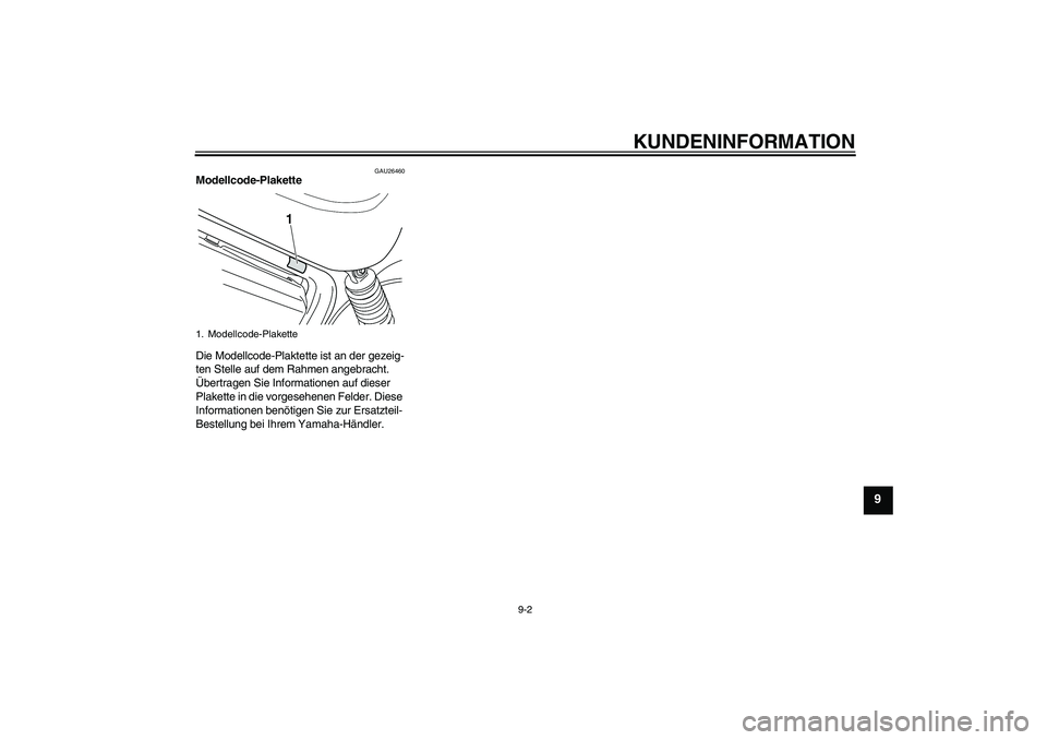 YAMAHA XVS250 2004  Betriebsanleitungen (in German) KUNDENINFORMATION
9-2
9
GAU26460
Modellcode-Plakette 
Die Modellcode-Plaktette ist an der gezeig-
ten Stelle auf dem Rahmen angebracht. 
Übertragen Sie Informationen auf dieser 
Plakette in die vorge