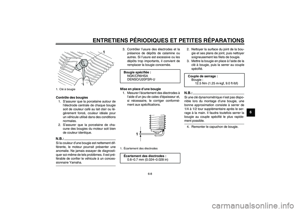 YAMAHA XVS250 2004  Notices Demploi (in French) ENTRETIENS PÉRIODIQUES ET PETITES RÉPARATIONS
6-8
6
Contrôle des bougies
1. S’assurer que la porcelaine autour de
l’électrode centrale de chaque bougie
soit de couleur café au lait clair ou l