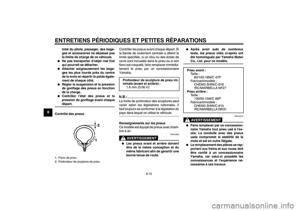 YAMAHA XVS250 2004  Notices Demploi (in French) ENTRETIENS PÉRIODIQUES ET PETITES RÉPARATIONS
6-15
6
total du pilote, passager, des baga-
ges et accessoires ne dépasse pas
la limite de charge de ce véhicule.

Ne pas transporter d’objet mal f