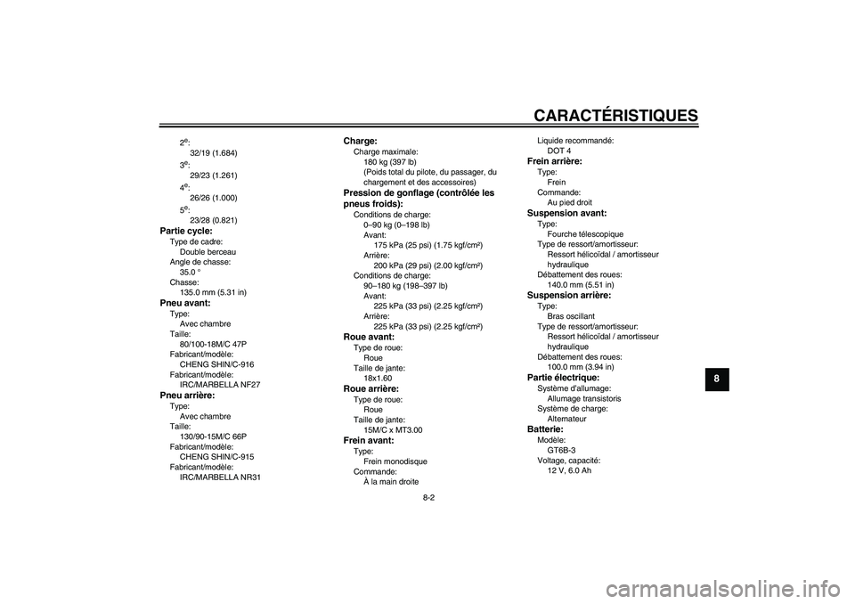 YAMAHA XVS250 2004  Notices Demploi (in French) CARACTÉRISTIQUES
8-2
8
2e:
32/19 (1.684)
3e:
29/23 (1.261)
4e:
26/26 (1.000)
5e:
23/28 (0.821)
Partie cycle:Type de cadre:
Double berceau
Angle de chasse:
35.0 °
Chasse:
135.0 mm (5.31 in)Pneu avant