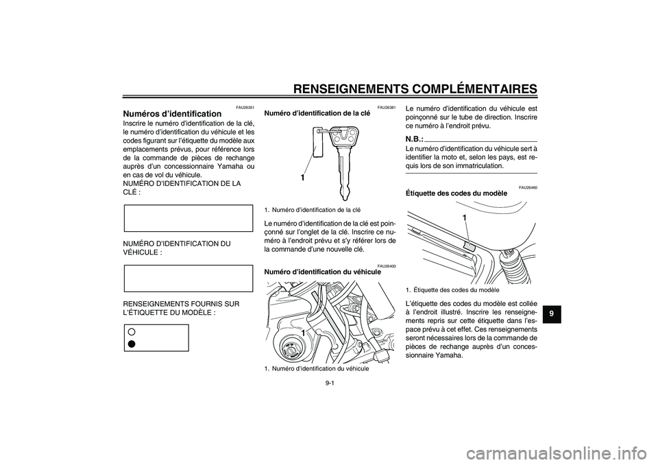 YAMAHA XVS250 2004  Notices Demploi (in French) RENSEIGNEMENTS COMPLÉMENTAIRES
9-1
9
FAU26351
Numéros d’identification Inscrire le numéro d’identification de la clé,
le numéro d’identification du véhicule et les
codes figurant sur l’
