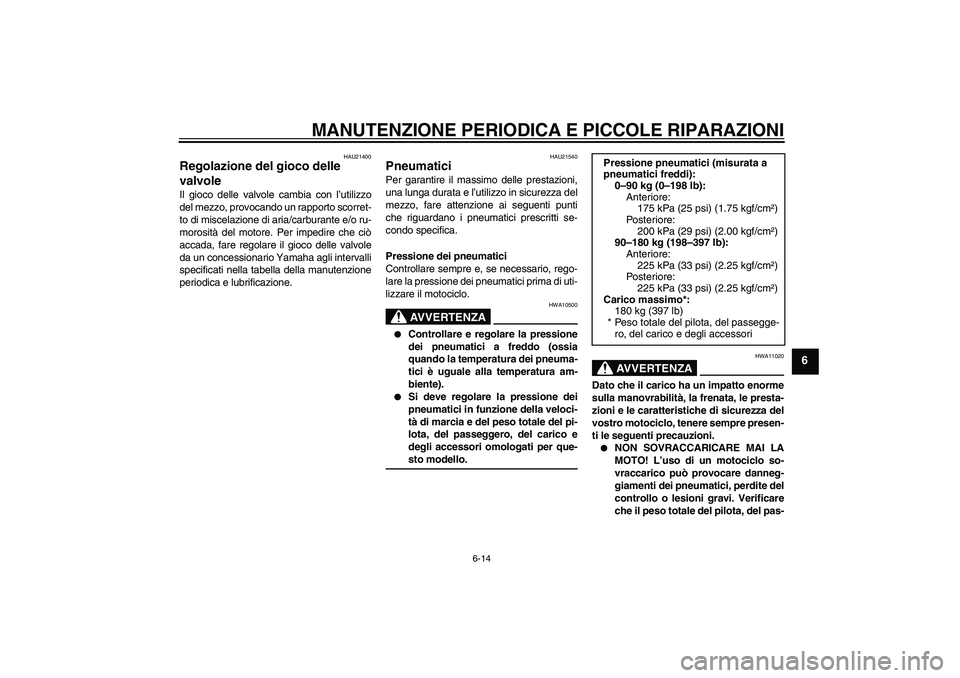 YAMAHA XVS250 2004  Manuale duso (in Italian) MANUTENZIONE PERIODICA E PICCOLE RIPARAZIONI
6-14
6
HAU21400
Regolazione del gioco delle 
valvole Il gioco delle valvole cambia con l’utilizzo
del mezzo, provocando un rapporto scorret-
to di miscel