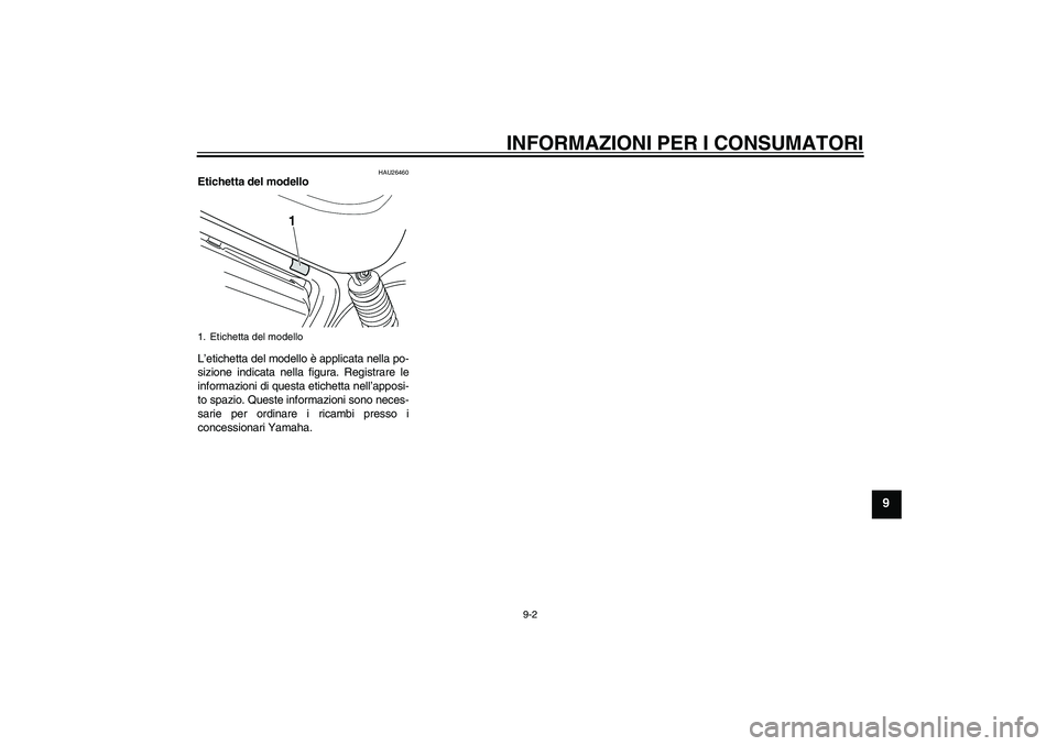 YAMAHA XVS250 2004 Manuale duso (in Italian) INFORMAZIONI PER I CONSUMATORI
9-2
9
HAU26460
Etichetta del modello
L’etichetta del modello è applicata nella po-
sizione indicata nella figura. Registrare le
informazioni di questa etichetta nell YAMAHA XVS250 2004 Manuale duso (in Italian) INFORMAZIONI PER I CONSUMATORI
9-2
9
HAU26460
Etichetta del modello
L’etichetta del modello è applicata nella po-
sizione indicata nella figura. Registrare le
informazioni di questa etichetta nell