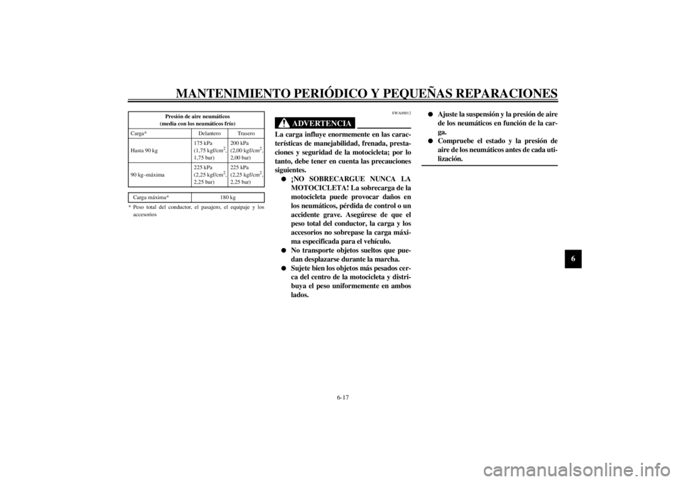 YAMAHA XVS250 2002  Manuale de Empleo (in Spanish) MANTENIMIENTO PERIÓDICO Y PEQUEÑAS REPARACIONES
6-17
6
CE-21S
CE-07SSWA00012
ADVERTENCIA
_ La carga influye enormemente en las carac-
terísticas de manejabilidad, frenada, presta-
ciones y segurida