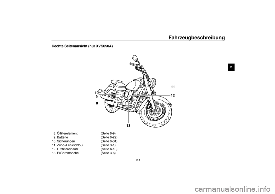 YAMAHA XVS650A 2002 Betriebsanleitungen (in German) Fahrzeugbeschreibung
2-4
2
Rechte Seitenansicht (nur XVS650A)8.Ölfilterelement (Seite 6-9)
9. Batterie (Seite 6-29)
10. Sicherungen (Seite 6-31)
11. Zünd-/Lenkschloß(Seite 3-1)
12. Luftfiltereinsat YAMAHA XVS650A 2002 Betriebsanleitungen (in German) Fahrzeugbeschreibung
2-4
2
Rechte Seitenansicht (nur XVS650A)8.Ölfilterelement (Seite 6-9)
9. Batterie (Seite 6-29)
10. Sicherungen (Seite 6-31)
11. Zünd-/Lenkschloß(Seite 3-1)
12. Luftfiltereinsat