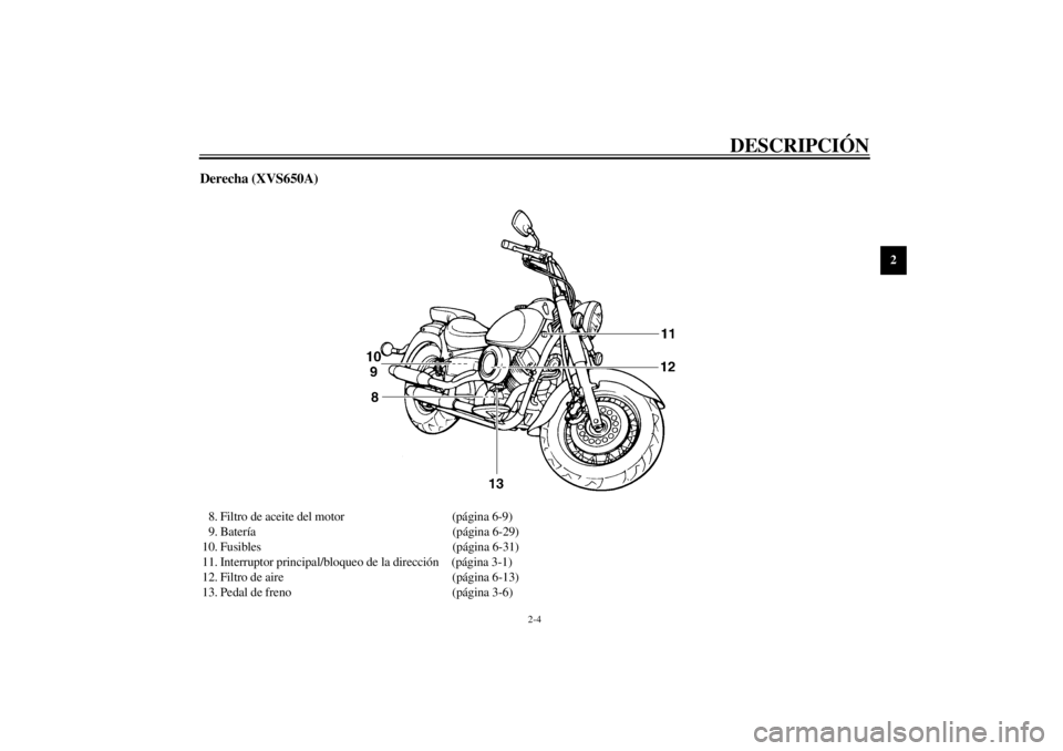 YAMAHA XVS650 2002 Manuale de Empleo (in Spanish) DESCRIPCIÓN
2-4
2
Derecha (XVS650A)8. Filtro de aceite del motor (página 6-9)
9. Batería(página 6-29)
10. Fusibles (página 6-31)
11. Interruptor principal/bloqueo de la dirección(página 3-1)
12 YAMAHA XVS650 2002 Manuale de Empleo (in Spanish) DESCRIPCIÓN
2-4
2
Derecha (XVS650A)8. Filtro de aceite del motor (página 6-9)
9. Batería(página 6-29)
10. Fusibles (página 6-31)
11. Interruptor principal/bloqueo de la dirección(página 3-1)
12