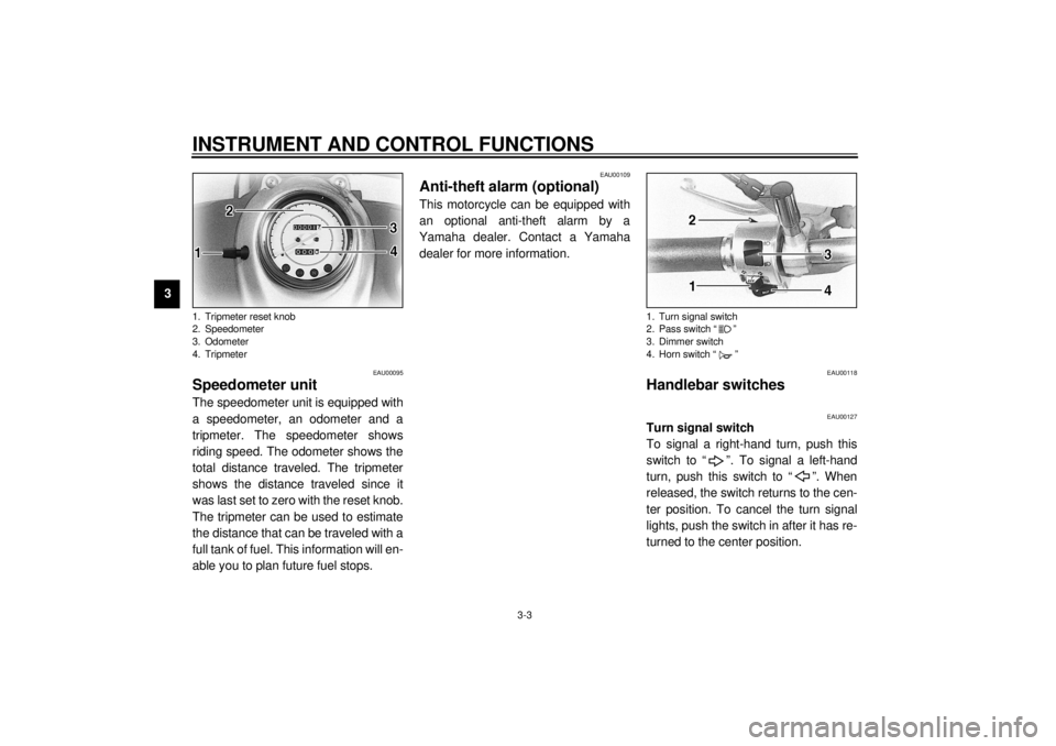 YAMAHA XVS650A 2001  Owners Manual INSTRUMENT AND CONTROL FUNCTIONS
3-3
3
EAU00095
Speedometer unit The speedometer unit is equipped with
a speedometer, an odometer and a
tripmeter. The speedometer shows
riding speed. The odometer show