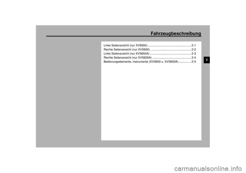 YAMAHA XVS650 2001 Betriebsanleitungen (in German) Fahrzeugbeschreibung
2
Linke Seitenansicht (nur XVS650) ..................................................... 2-1
Rechte Seitenansicht (nur XVS650) .................................................. 2 YAMAHA XVS650 2001 Betriebsanleitungen (in German) Fahrzeugbeschreibung
2
Linke Seitenansicht (nur XVS650) ..................................................... 2-1
Rechte Seitenansicht (nur XVS650) .................................................. 2