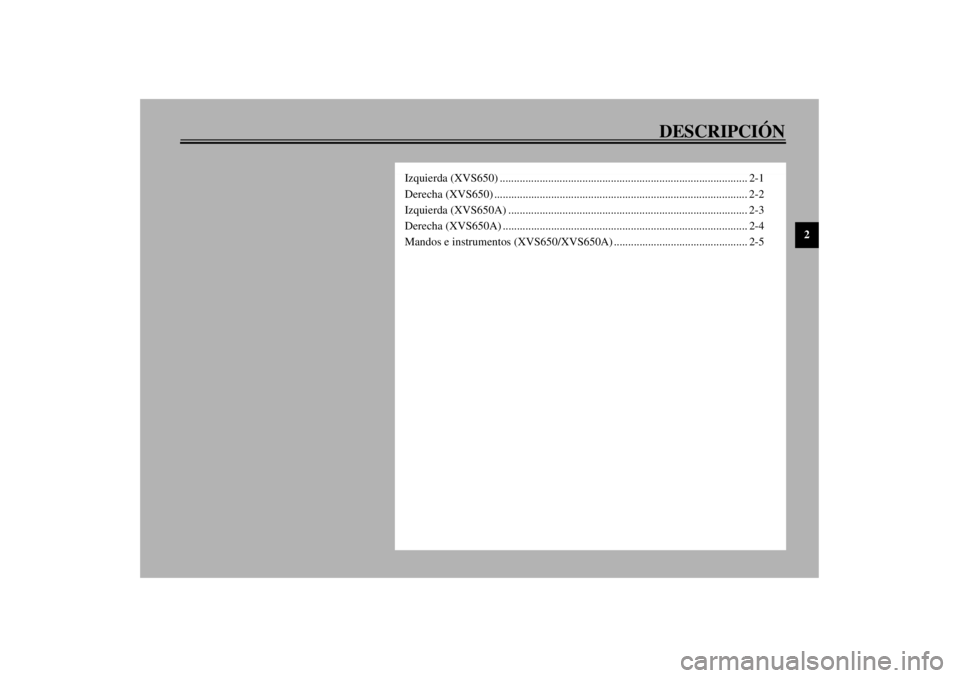 YAMAHA XVS650 2001  Manuale de Empleo (in Spanish) DESCRIPCIÓN
2
Izquierda (XVS650) ....................................................................................... 2-1
Derecha (XVS650) .........................................................