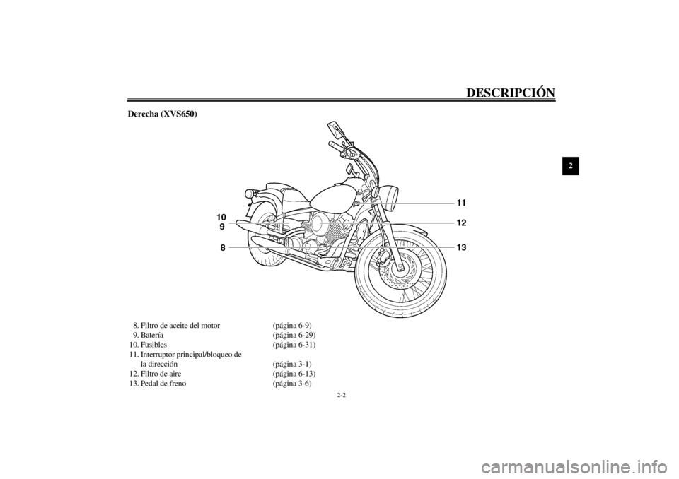 YAMAHA XVS650 2001 Manuale de Empleo (in Spanish) DESCRIPCIÓN
2-2
2
Derecha (XVS650)8. Filtro de aceite del motor (página 6-9)
9. Batería (página 6-29)
10. Fusibles (página 6-31)
11. Interruptor principal/bloqueo de
la dirección (página 3-1)
YAMAHA XVS650 2001 Manuale de Empleo (in Spanish) DESCRIPCIÓN
2-2
2
Derecha (XVS650)8. Filtro de aceite del motor (página 6-9)
9. Batería (página 6-29)
10. Fusibles (página 6-31)
11. Interruptor principal/bloqueo de
la dirección (página 3-1)