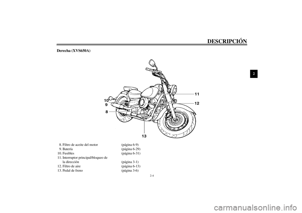 YAMAHA XVS650 2001 Manuale de Empleo (in Spanish) DESCRIPCIÓN
2-4
2
Derecha (XVS650A)8. Filtro de aceite del motor (página 6-9)
9. Batería (página 6-29)
10. Fusibles (página 6-31)
11. Interruptor principal/bloqueo de
la dirección (página 3-1) YAMAHA XVS650 2001 Manuale de Empleo (in Spanish) DESCRIPCIÓN
2-4
2
Derecha (XVS650A)8. Filtro de aceite del motor (página 6-9)
9. Batería (página 6-29)
10. Fusibles (página 6-31)
11. Interruptor principal/bloqueo de
la dirección (página 3-1)