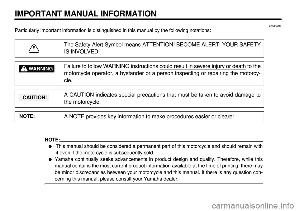 YAMAHA XVS650A 2001  Owners Manual  
443444449
4
4
 
EAU00005 
Particularly important information is distinguished in this manual by the following notations: 
The Safety Alert Symbol means ATTENTION! BECOME ALERT! YOUR SAFETY
IS INVOLV