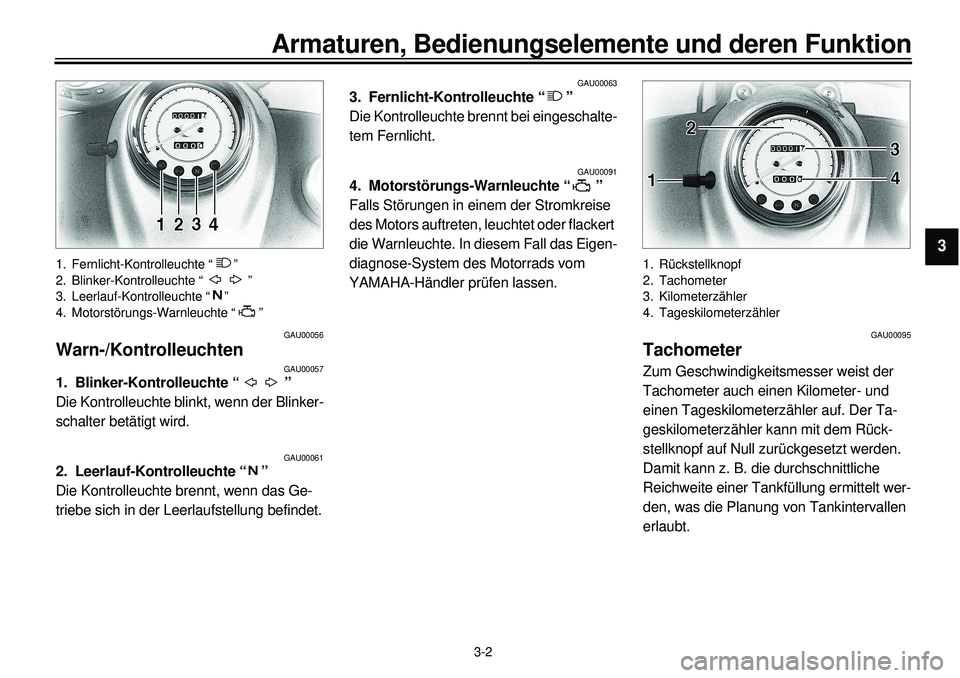 YAMAHA XVS650A 2001 Betriebsanleitungen (in German)
3-2
Armaturen, Bedienungselemente und deren Funktion
1
2
3
4
5
6
7
8
9
1. Fernlicht-Kontrolleuchte “ ”
2. Blinker-Kontrolleuchte “ ”
3. Leerlauf-Kontrolleuchte “ ”
4. Motorstörungs- YAMAHA XVS650A 2001 Betriebsanleitungen (in German)
3-2
Armaturen, Bedienungselemente und deren Funktion
1
2
3
4
5
6
7
8
9
1. Fernlicht-Kontrolleuchte “ ”
2. Blinker-Kontrolleuchte “ ”
3. Leerlauf-Kontrolleuchte “ ”
4. Motorstörungs-