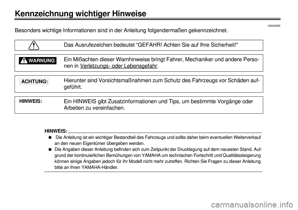 YAMAHA XVS650A 2001  Betriebsanleitungen (in German)  
443444449
4
4
 
GAU00005 
Besonders wichtige Informationen sind in der Anleitung folgendermaßen gekennzeichnet.
Das Ausrufezeichen bedeutet “GEFAHR! Achten Sie auf Ihre Sicherheit!”
Ein Mißach