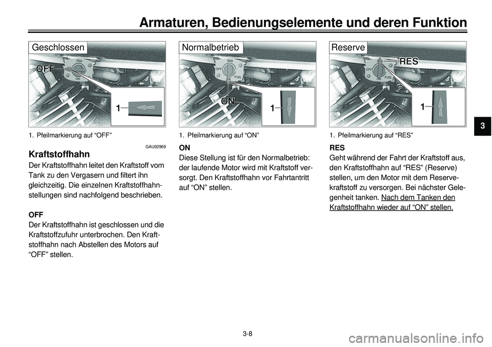 YAMAHA XVS650A 2001 Betriebsanleitungen (in German)
3-8
Armaturen, Bedienungselemente und deren Funktion
1
2
3
4
5
6
7
8
9
Geschlossen
1. Pfeilmarkierung auf “OFF”
GAU02969
Kraftstoffhahn
Der Kraftstoffhahn leitet den Kraftstoff vom
Tank YAMAHA XVS650A 2001 Betriebsanleitungen (in German)
3-8
Armaturen, Bedienungselemente und deren Funktion
1
2
3
4
5
6
7
8
9
Geschlossen
1. Pfeilmarkierung auf “OFF”
GAU02969
Kraftstoffhahn
Der Kraftstoffhahn leitet den Kraftstoff vom
Tank