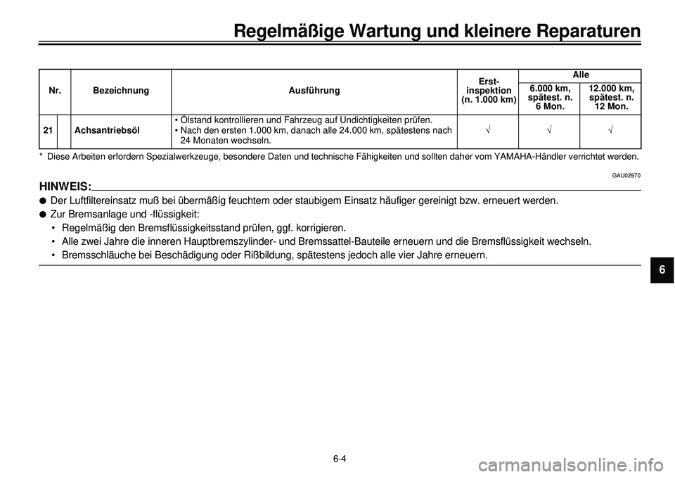 YAMAHA XVS650A 2001 Betriebsanleitungen (in German)
6-4
Regelmäßige Wartung und kleinere Reparaturen
1
2
3
4
5
6
7
8
9
* Diese Arbeiten erfordern Spezialwerkzeuge, besondere Daten und technische Fähigkeiten und sollten daher vom YAMAHA-Händle YAMAHA XVS650A 2001 Betriebsanleitungen (in German)
6-4
Regelmäßige Wartung und kleinere Reparaturen
1
2
3
4
5
6
7
8
9
* Diese Arbeiten erfordern Spezialwerkzeuge, besondere Daten und technische Fähigkeiten und sollten daher vom YAMAHA-Händle