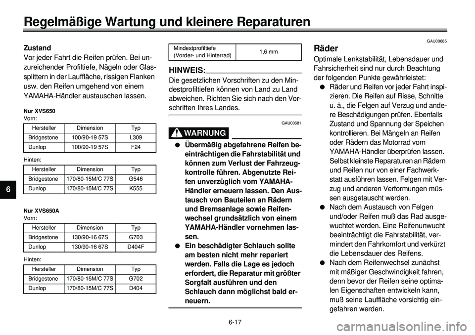 YAMAHA XVS650 2000  Betriebsanleitungen (in German) 6-17
Regelmäßige Wartung und kleinere Reparaturen
1
2
3
4
56
7
8
9
Zustand
Vor jeder Fahrt die Reifen prüfen. Bei un-
zureichender Profiltiefe, Nägeln oder Glas-
splittern in der Lauffläche, riss