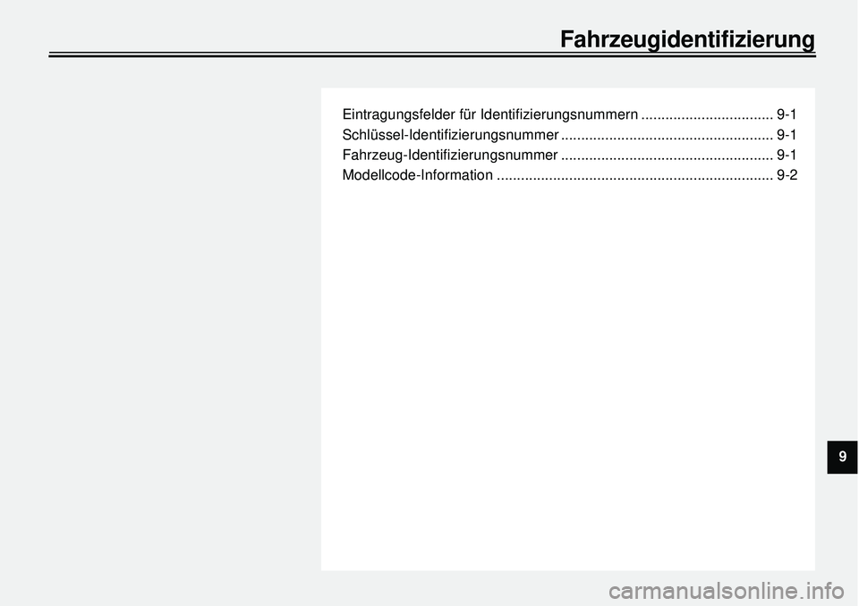 YAMAHA XVS650A 2001 Betriebsanleitungen (in German)
Eintragungsfelder für Identifizierungsnummern ................................. 9-1
Schlüssel-Identifizierungsnummer ..................................................... 9-1
Fahrzeug-Identifiz YAMAHA XVS650A 2001 Betriebsanleitungen (in German)
Eintragungsfelder für Identifizierungsnummern ................................. 9-1
Schlüssel-Identifizierungsnummer ..................................................... 9-1
Fahrzeug-Identifiz