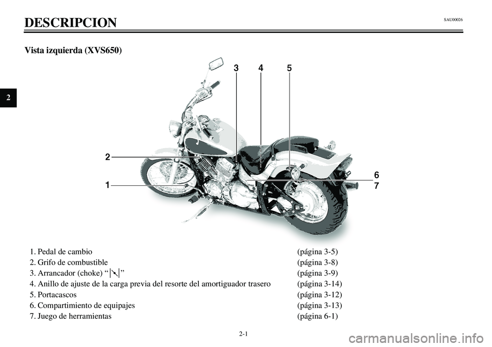 YAMAHA XVS650 2000  Manuale de Empleo (in Spanish)  
2-1 
DESCRIPCION  
2  
Vista izquierda (XVS650) 
1. Pedal de cambio (página 3-5)
2. Grifo de combustible (página 3-8)
3. Arrancador (choke) “ ” (página 3-9)
4. Anillo de ajuste de la carga pr