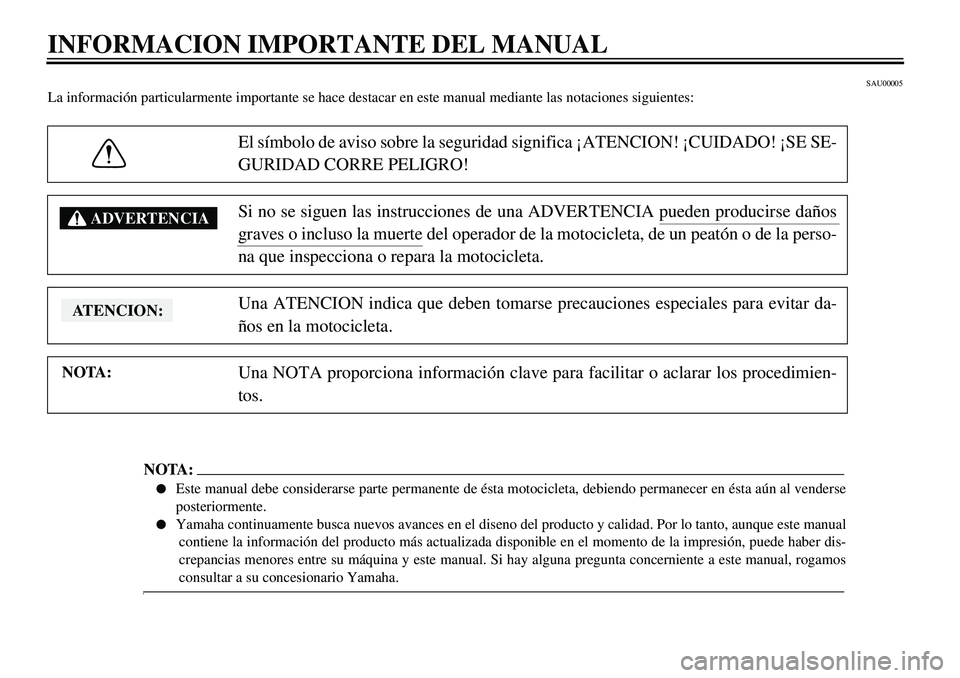 YAMAHA XVS650A 2001  Manuale de Empleo (in Spanish)  
443444449
4
4 
SAU00005 
La información particularmente importante se hace destacar en este manual mediante las notaciones siguientes: 
El símbolo de aviso sobre la seguridad significa ¡ATENCION!