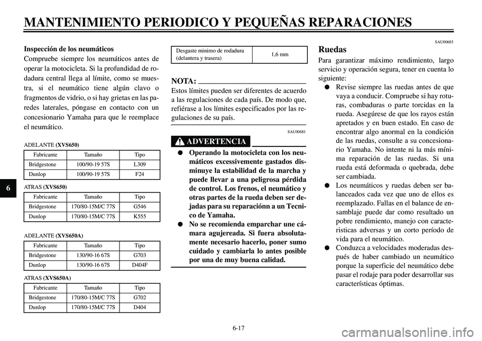 YAMAHA XVS650 2000 Manuale de Empleo (in Spanish) 6-17
MANTENIMIENTO PERIODICO Y PEQUEÑAS REPARACIONES
6
Inspección de los neumáticos
Compruebe siempre los neumáticos antes de
operar la motocicleta. Si la profundidad de ro-
dadura central llega a YAMAHA XVS650 2000 Manuale de Empleo (in Spanish) 6-17
MANTENIMIENTO PERIODICO Y PEQUEÑAS REPARACIONES
6
Inspección de los neumáticos
Compruebe siempre los neumáticos antes de
operar la motocicleta. Si la profundidad de ro-
dadura central llega a