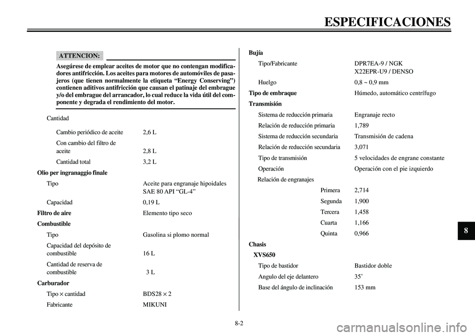 YAMAHA XVS650 2000 Manuale de Empleo (in Spanish)
8-2
ESPECIFICACIONES
1
2
3
4
5
6
7
8
9
Cantidad
Cambio periódico de aceite2,6 L
Con cambio del filtro de
aceite2,8 L
Cantidad total3,2 L
Olio per ingranaggio finale
TipoAceite para engranaj YAMAHA XVS650 2000 Manuale de Empleo (in Spanish)
8-2
ESPECIFICACIONES
1
2
3
4
5
6
7
8
9
Cantidad
Cambio periódico de aceite2,6 L
Con cambio del filtro de
aceite2,8 L
Cantidad total3,2 L
Olio per ingranaggio finale
TipoAceite para engranaj
