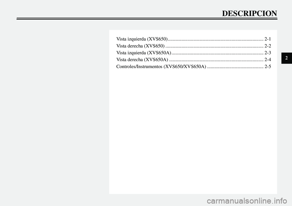 YAMAHA XVS650 2000  Manuale de Empleo (in Spanish)  
Vista izquierda (XVS650) .............................................................................. 2-1
Vista derecha (XVS650) ...................................................................