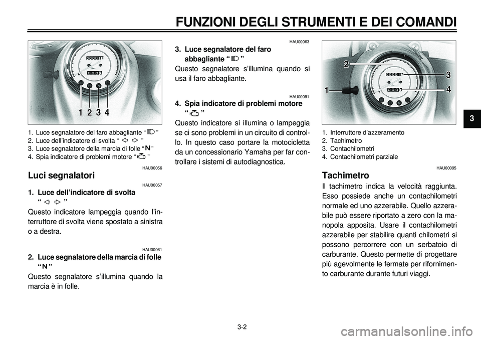 YAMAHA XVS650A 2001  Manuale duso (in Italian)  
3-2 
FUNZIONI DEGLI STRUMENTI E DEI COMANDI 
1
2
3
4
5
6
7
8
9
 
1. Luce segnalatore del faro abbagliante “ ”
2. Luce dell’indicatore di svolta “ ”
3. Luce segnalatore della marcia di foll