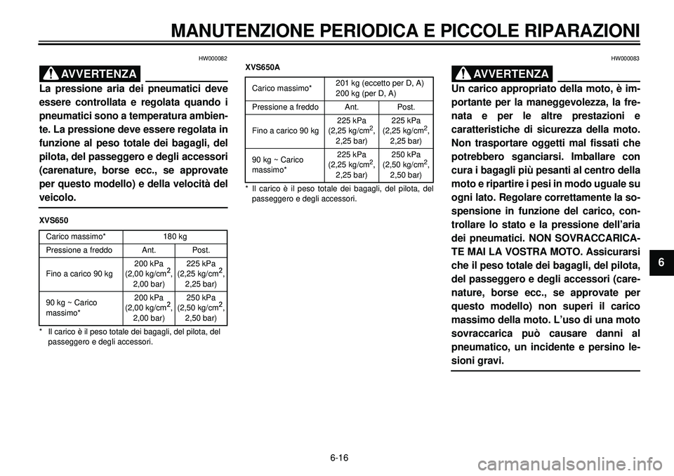 YAMAHA XVS650A 2001 Manuale duso (in Italian) 6-16
MANUTENZIONE PERIODICA E PICCOLE RIPARAZIONI
1
2
3
4
56
7
8
9
HW000082
AVVERTENZA
La pressione aria dei pneumatici deve
essere controllata e regolata quando i
pneumatici sono a temperatura ambien YAMAHA XVS650A 2001 Manuale duso (in Italian) 6-16
MANUTENZIONE PERIODICA E PICCOLE RIPARAZIONI
1
2
3
4
56
7
8
9
HW000082
AVVERTENZA
La pressione aria dei pneumatici deve
essere controllata e regolata quando i
pneumatici sono a temperatura ambien