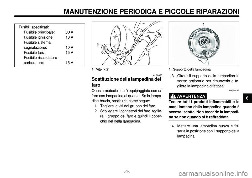 YAMAHA XVS650A 2001 Manuale duso (in Italian) 6-28
MANUTENZIONE PERIODICA E PICCOLE RIPARAZIONI
1
2
3
4
56
7
8
9
Fusibili specificati:
Fusibile principale: 30 A
Fusibile ignizione: 10 A
Fusibile sistema
segnalazione: 10 A
Fusibile faro: 15 A
Fus YAMAHA XVS650A 2001 Manuale duso (in Italian) 6-28
MANUTENZIONE PERIODICA E PICCOLE RIPARAZIONI
1
2
3
4
56
7
8
9
Fusibili specificati:
Fusibile principale: 30 A
Fusibile ignizione: 10 A
Fusibile sistema
segnalazione: 10 A
Fusibile faro: 15 A
Fus