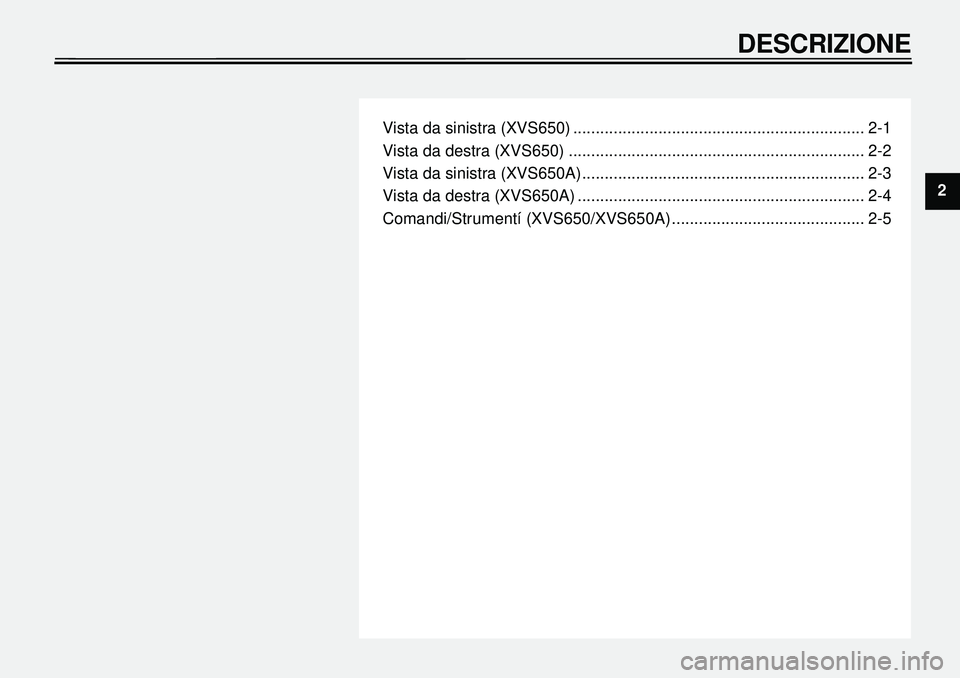 YAMAHA XVS650A 2001  Manuale duso (in Italian)  
Vista da sinistra (XVS650) ................................................................. 2-1
Vista da destra (XVS650) .................................................................. 2-2
Vista