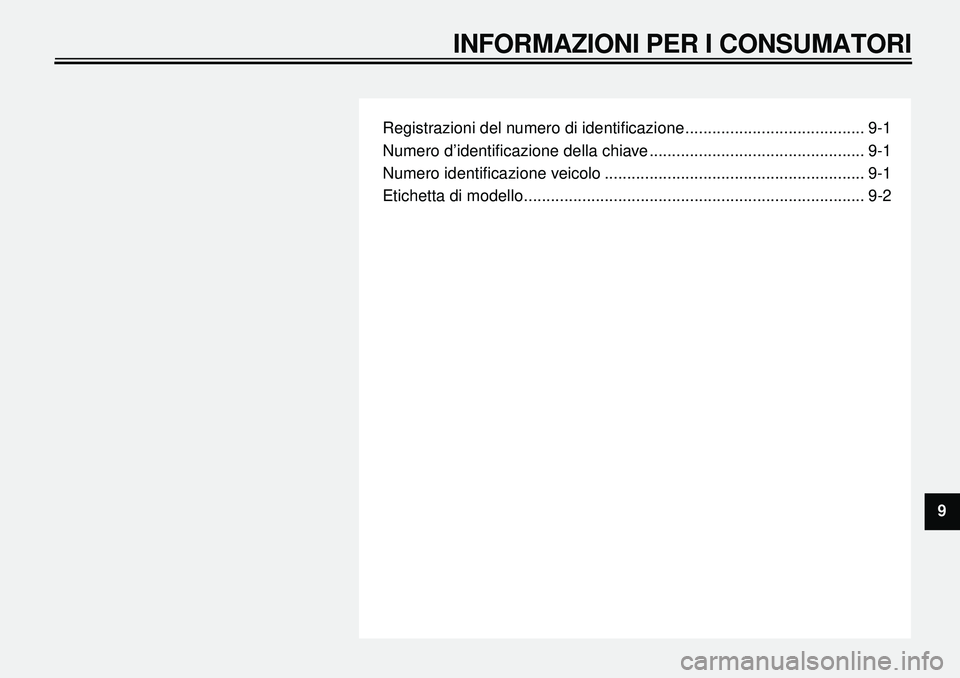YAMAHA XVS650A 2001  Manuale duso (in Italian)  
Registrazioni del numero di identiﬁcazione ........................................ 9-1
Numero d’identiﬁcazione della chiave ................................................ 9-1
Numero identi