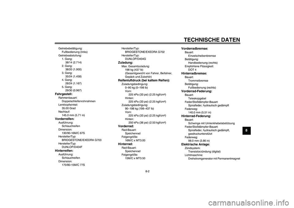 YAMAHA XVS650A 2006 Betriebsanleitungen (in German) TECHNISCHE DATEN
8-2
8
Getriebebetätigung:
Fußbedienung (links)
Getriebeabstufung:
1. Gang:
38/14 (2.714)
2. Gang:
38/20 (1.900)
3. Gang:
35/24 (1.458)
4. Gang:
28/24 (1.167)
5. Gang:
29/30 (0.967)F YAMAHA XVS650A 2006 Betriebsanleitungen (in German) TECHNISCHE DATEN
8-2
8
Getriebebetätigung:
Fußbedienung (links)
Getriebeabstufung:
1. Gang:
38/14 (2.714)
2. Gang:
38/20 (1.900)
3. Gang:
35/24 (1.458)
4. Gang:
28/24 (1.167)
5. Gang:
29/30 (0.967)F
