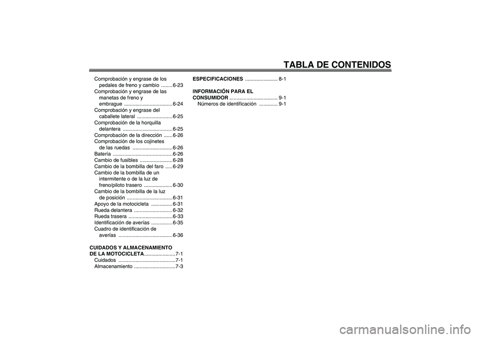 YAMAHA XVS650A 2006  Manuale de Empleo (in Spanish) TABLA DE CONTENIDOS
Comprobación y engrase de los 
pedales de freno y cambio  ........ 6-23
Comprobación y engrase de las 
manetas de freno y 
embrague .................................. 6-24
Compro