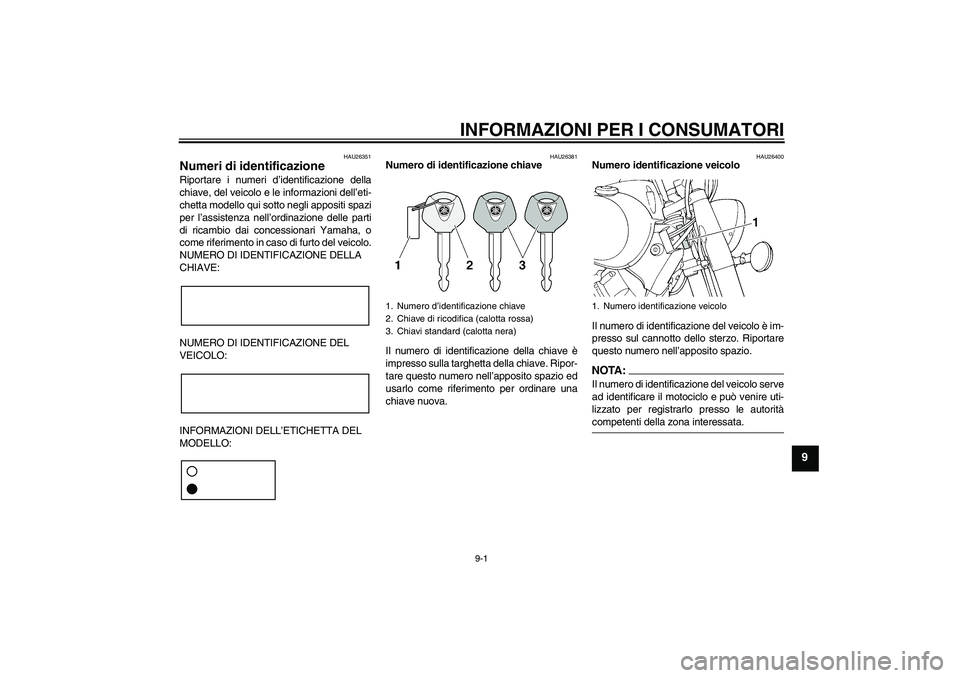 YAMAHA XVS650A 2006 Manuale duso (in Italian) INFORMAZIONI PER I CONSUMATORI
9-1
9
HAU26351
Numeri di identificazione Riportare i numeri d’identificazione della
chiave, del veicolo e le informazioni dell’eti-
chetta modello qui sotto negli ap YAMAHA XVS650A 2006 Manuale duso (in Italian) INFORMAZIONI PER I CONSUMATORI
9-1
9
HAU26351
Numeri di identificazione Riportare i numeri d’identificazione della
chiave, del veicolo e le informazioni dell’eti-
chetta modello qui sotto negli ap