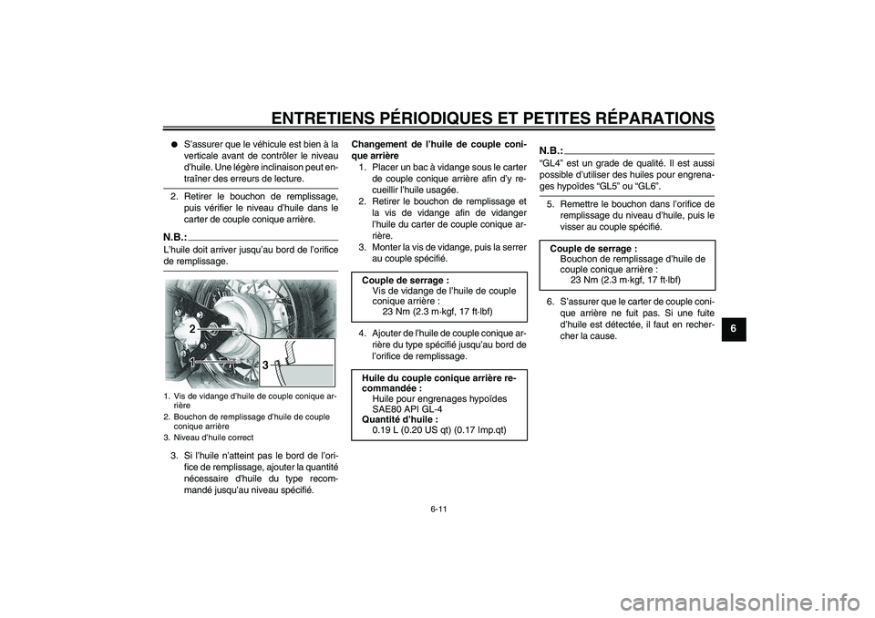 YAMAHA XVS650A 2005  Notices Demploi (in French) ENTRETIENS PÉRIODIQUES ET PETITES RÉPARATIONS
6-11
6

S’assurer que le véhicule est bien à la
verticale avant de contrôler le niveau
d’huile. Une légère inclinaison peut en-traîner des er