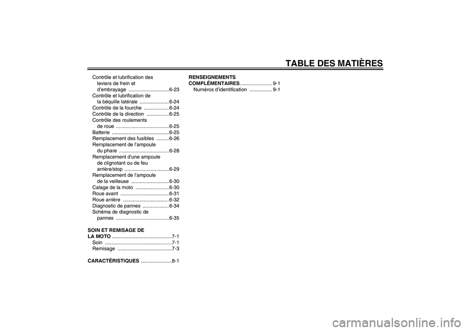 YAMAHA XVS650A 2005  Notices Demploi (in French) TABLE DES MATIÈRES
Contrôle et lubrification des 
leviers de frein et 
d’embrayage ............................. 6-23
Contrôle et lubrification de 
la béquille latérale ..................... 6-