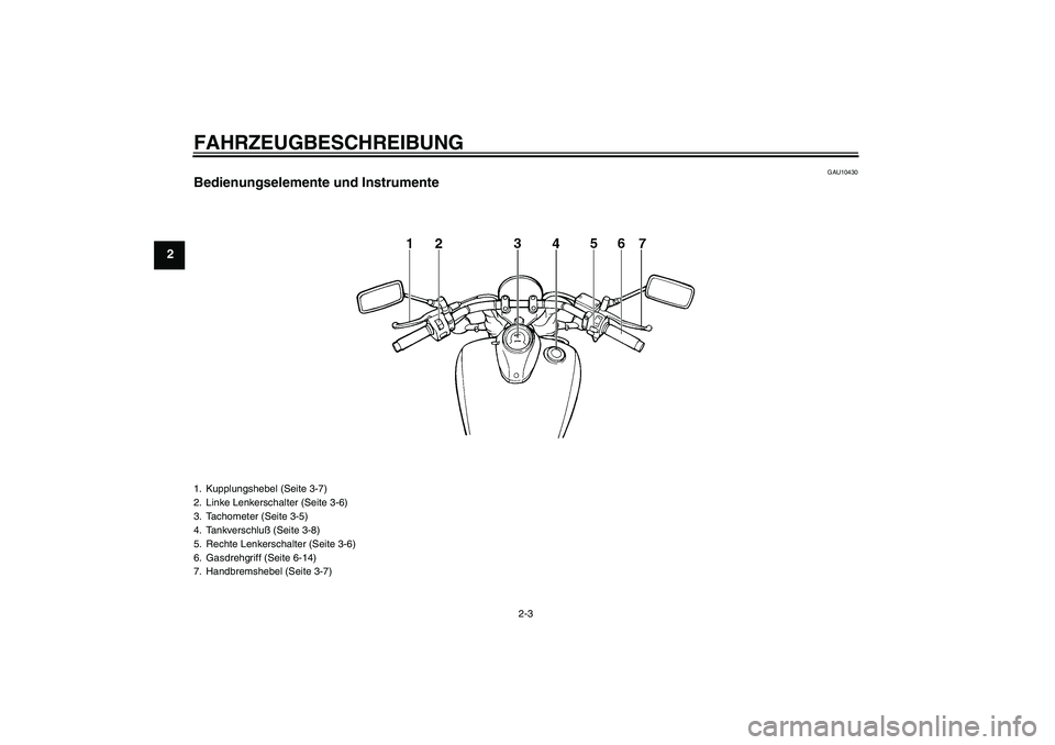 YAMAHA XVS650A 2004  Betriebsanleitungen (in German) FAHRZEUGBESCHREIBUNG
2-3
2
GAU10430
Bedienungselemente und Instrumente1. Kupplungshebel (Seite 3-7)
2. Linke Lenkerschalter (Seite 3-6)
3. Tachometer (Seite 3-5)
4. Tankverschluß (Seite 3-8)
5. Recht