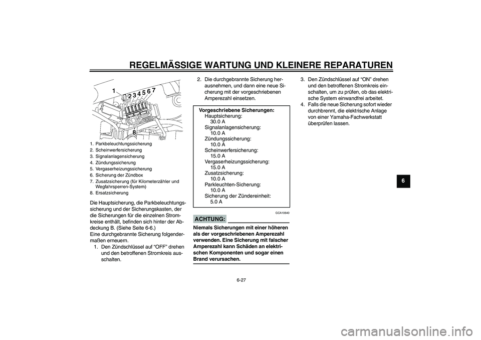 YAMAHA XVS650A 2004  Betriebsanleitungen (in German) REGELMÄSSIGE WARTUNG UND KLEINERE REPARATUREN
6-27
6
Die Hauptsicherung, die Parkbeleuchtungs-
sicherung und der Sicherungskasten, der 
die Sicherungen für die einzelnen Strom-
kreise enthält, befi