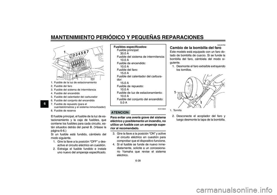 YAMAHA XVS650A 2004  Manuale de Empleo (in Spanish) MANTENIMIENTO PERIÓDICO Y PEQUEÑAS REPARACIONES
6-28
6
El fusible principal, el fusible de la luz de es-
tacionamiento y la caja de fusibles, que
contiene los fusibles para cada circuito, es-
tán s