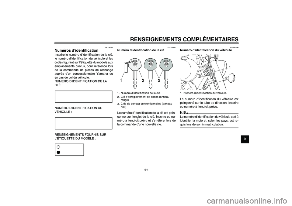YAMAHA XVS650A 2004 Notices Demploi (in French) RENSEIGNEMENTS COMPLÉMENTAIRES
9-1
9
FAU26351
Numéros d’identification Inscrire le numéro d’identification de la clé,
le numéro d’identification du véhicule et les
codes figurant sur l’ YAMAHA XVS650A 2004 Notices Demploi (in French) RENSEIGNEMENTS COMPLÉMENTAIRES
9-1
9
FAU26351
Numéros d’identification Inscrire le numéro d’identification de la clé,
le numéro d’identification du véhicule et les
codes figurant sur l’