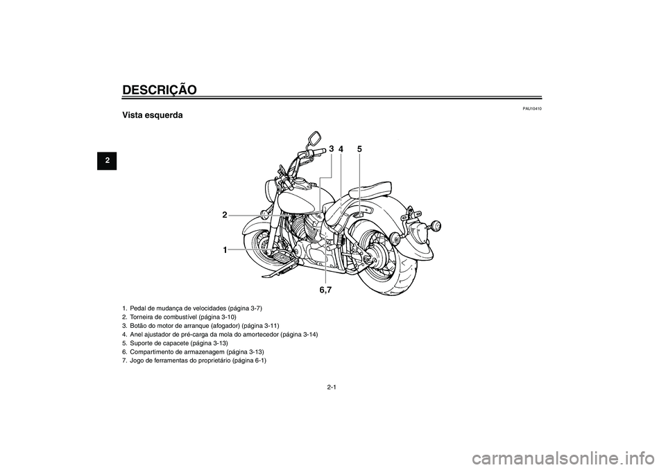 YAMAHA XVS650A 2004  Manual de utilização (in Portuguese) DESCRIÇÃO
2-1
2
PAU10410
Vista esquerda1. Pedal de mudança de velocidades (página 3-7)
2. Torneira de combustível (página 3-10)
3. Botão do motor de arranque (afogador) (página 3-11)
4. Anel a