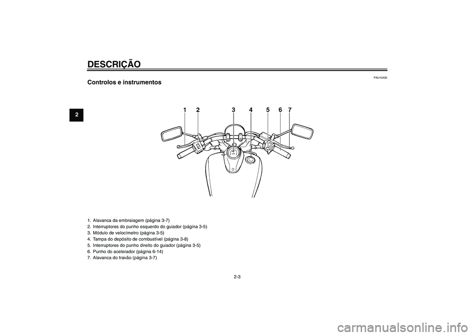 YAMAHA XVS650A 2004  Manual de utilização (in Portuguese) DESCRIÇÃO
2-3
2
PAU10430
Controlos e instrumentos1. Alavanca da embraiagem (página 3-7)
2. Interruptores do punho esquerdo do guiador (página 3-5)
3. Módulo de velocímetro (página 3-5)
4. Tampa