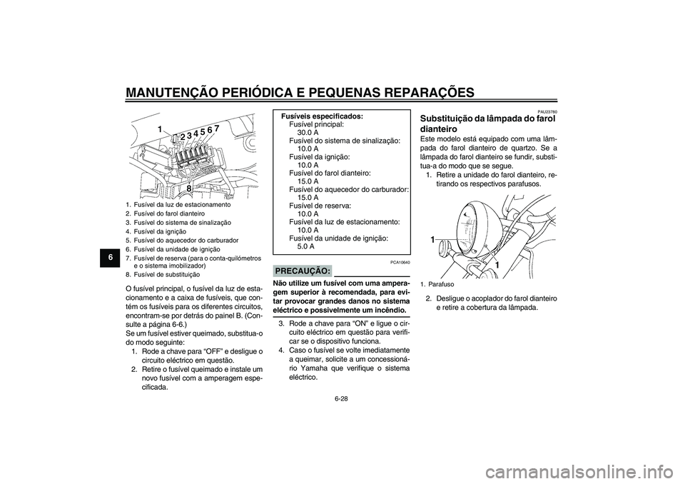 YAMAHA XVS650A 2004  Manual de utilização (in Portuguese) MANUTENÇÃO PERIÓDICA E PEQUENAS REPARAÇÕES
6-28
6
O fusível principal, o fusível da luz de esta-
cionamento e a caixa de fusíveis, que con-
tém os fusíveis para os diferentes circuitos,
enco