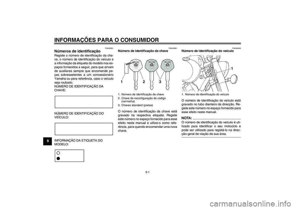 YAMAHA XVS650A 2004  Manual de utilização (in Portuguese) INFORMAÇÕES PARA O CONSUMIDOR
9-1
9
PAU26351
Números de identificação Registe o número de identificação da cha-
ve, o número de identificação do veículo e
a informação da etiqueta do mod