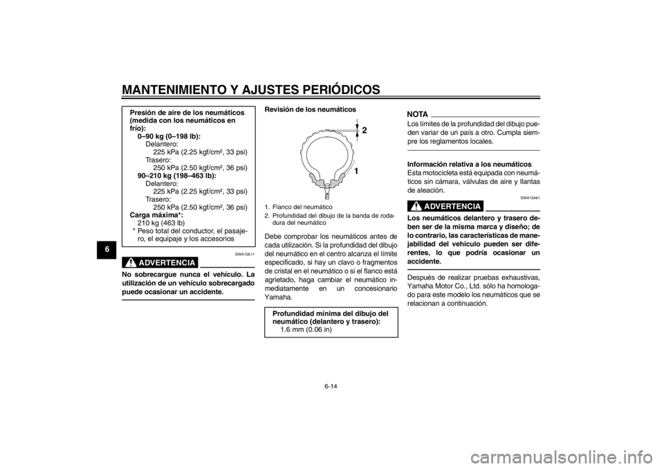 YAMAHA XVS950 2012  Manuale de Empleo (in Spanish) MANTENIMIENTO Y AJUSTES PERIÓDICOS
6-14
6
ADVERTENCIA
SWA10511
No sobrecargue nunca el veh ículo. La
utilizaci ón de un vehí culo sobrecargado
puede ocasionar un accidente.
Revisi ón de los neum 