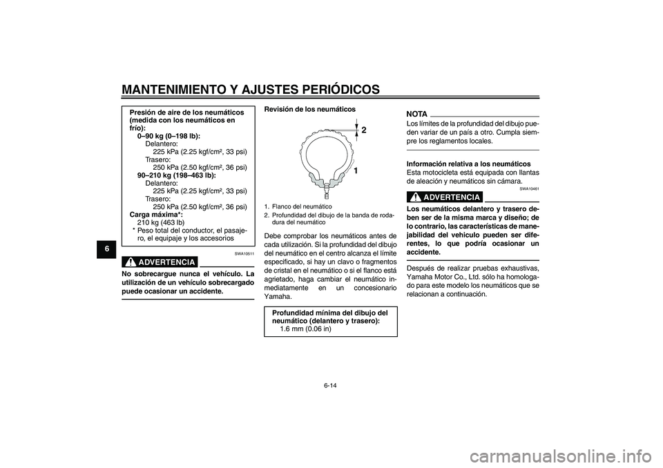 YAMAHA XVS950 2011  Manuale de Empleo (in Spanish) MANTENIMIENTO Y AJUSTES PERIÓDICOS
6-14
6
ADVERTENCIA
SWA10511
No sobrecargue nunca el vehículo. La
utilización de un vehículo sobrecargado
puede ocasionar un accidente.
Revisión de los neumátic