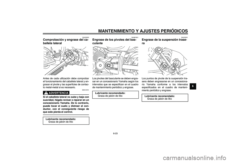 YAMAHA XVS950 2011 Manuale de Empleo (in Spanish) MANTENIMIENTO Y AJUSTES PERIÓDICOS
6-23
6
SAU23202
Comprobación y engrase del ca-
ballete lateral Antes de cada utilización debe comprobar
el funcionamiento del caballete lateral y en-
grasar el pi YAMAHA XVS950 2011 Manuale de Empleo (in Spanish) MANTENIMIENTO Y AJUSTES PERIÓDICOS
6-23
6
SAU23202
Comprobación y engrase del ca-
ballete lateral Antes de cada utilización debe comprobar
el funcionamiento del caballete lateral y en-
grasar el pi