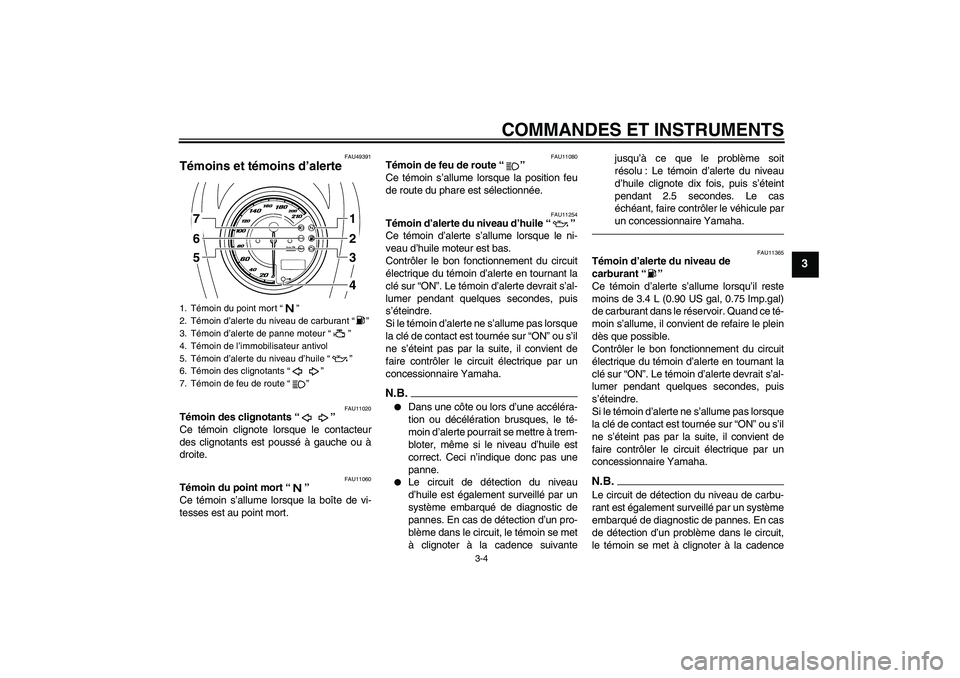 YAMAHA XVS950 2011  Notices Demploi (in French) COMMANDES ET INSTRUMENTS
3-4
3
FAU49391
Témoins et témoins d’alerte 
FAU11020
Témoin des clignotants“” 
Ce témoin clignote lorsque le contacteur
des clignotants est poussé à gauche ou à
d